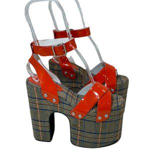 Jeffrey Campbell Size 8M Risky-Biz Platform Super Rare Plaid Heel Sandals Orange